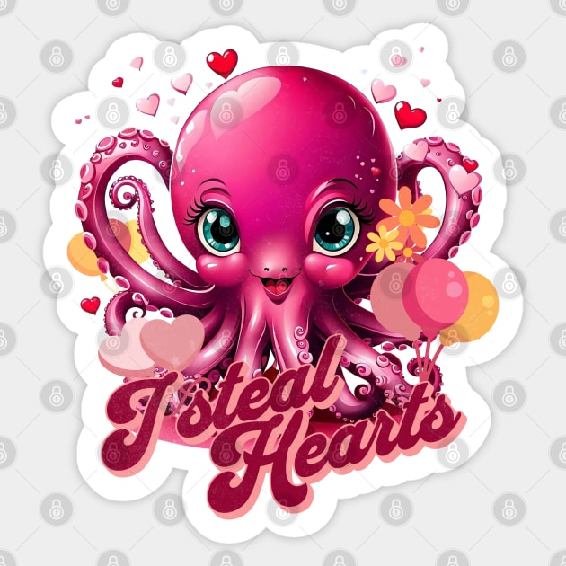Octopus With Hearts Balloons Valentines Day I Steal Hearts Sticker by alcoshirts